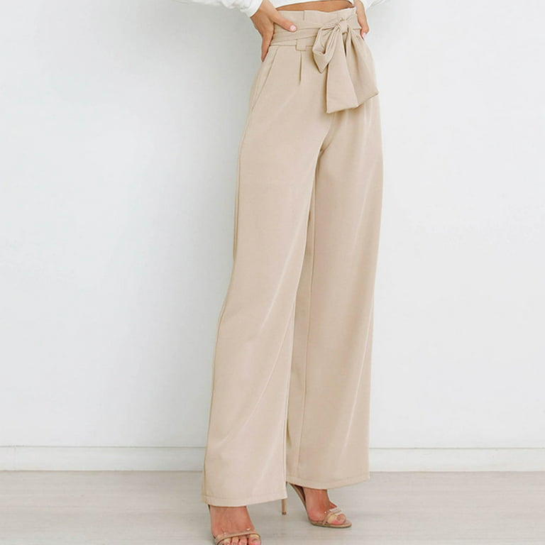 JWZUY Casual Solid High Waist Tie Front Wide Leg with Pockets Office Flowy  Pants Beige S