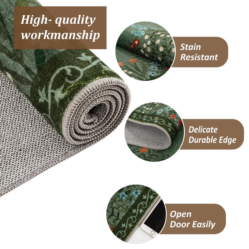 Washable 2x6 Runner Rugs, Large Living Room Rug, Non-Slip Soft Floral Rugs for Bedroom, Botanical Area Rug Carpet for Dining Room Guest Room (Green,2'x6')