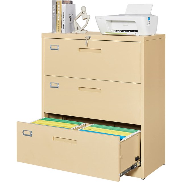 MIIIKO 3 Drawer Lateral File with Lock, Metal Steel Filling