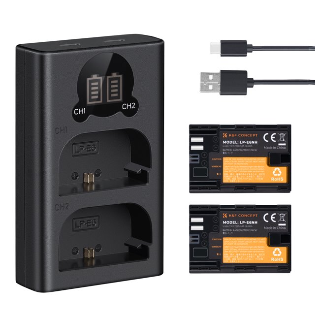 K&F CONCEPT Camera Battery & Charger Kit with 2-slot Battery Charger + 2pcs LP-E6NH Batteries 7.4V 2250mAh + Type-C Charging Cable Replacement for Canon EOS R5/R6/R/5D Mark IV/5D Mark III/5DS/5DS