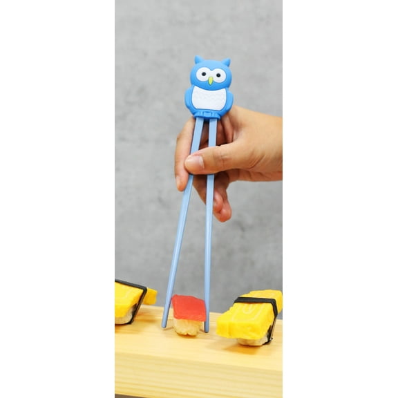 Sky Blue Night Owl Reusable Training Chopsticks Set With Silicone Helper Hinge