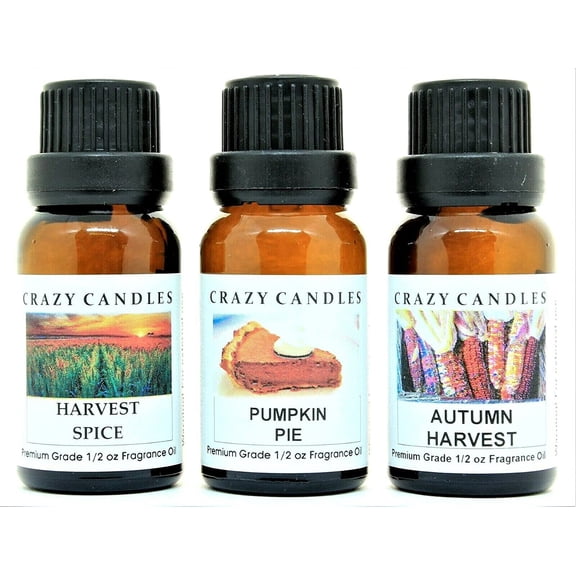 3 Bottles Set, 1 Harvest Spice, 1 Autumn Harvest, 1 Pumpkin Pie 1/2 fl oz Each 15ml Premium Scented Fragrance Oils Crazy Candles