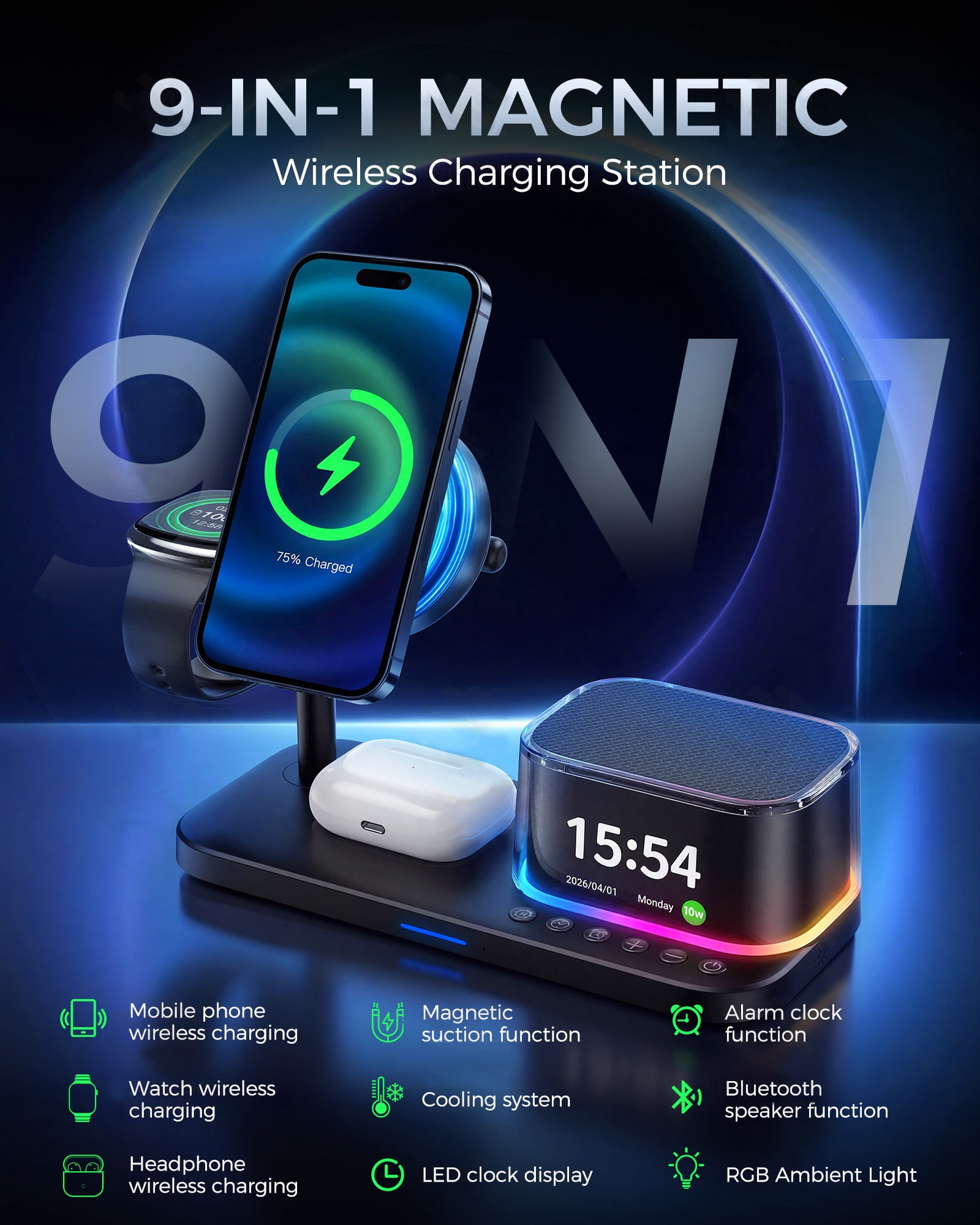 5 in 1 Wireless Charging Station with Alarm Clock, Bluetooth Speaker & Ambient Light, 45W GaN Fast Charger Included, 25W Magnetic Charger for Phone Earbuds Watch, Office & Bedside and Travel