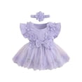 thumbnail image 2 of Yartina Baby Girls Lace Romper Dress Fly Sleeve Ruffle Jumpsuit Tutu Dress with Headband Lavender 90, 2 of 4