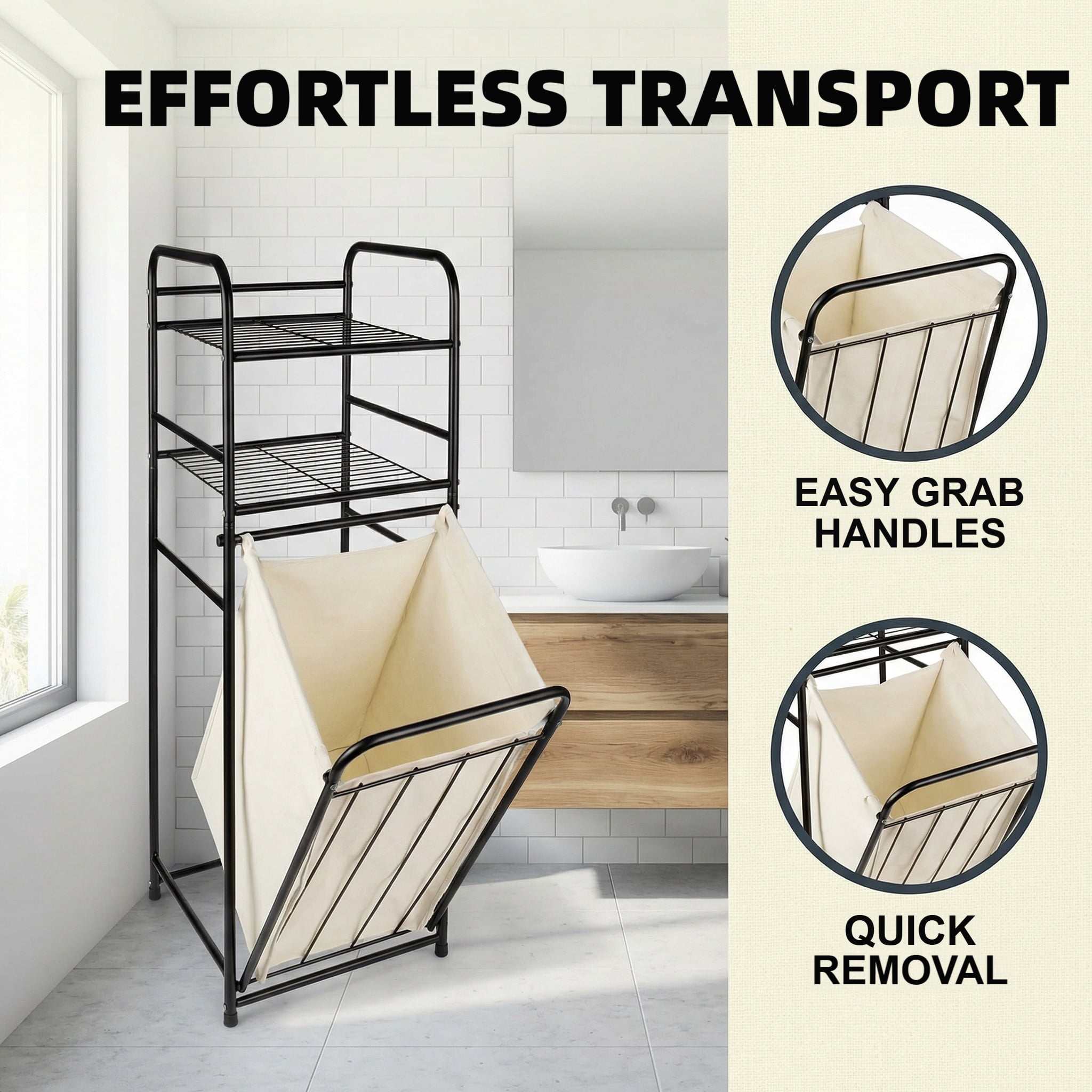 Takira Laundry Organize Basket Rack with Tilting Belt and Removable Bag,Featuring 2-Tier Shelving,Home