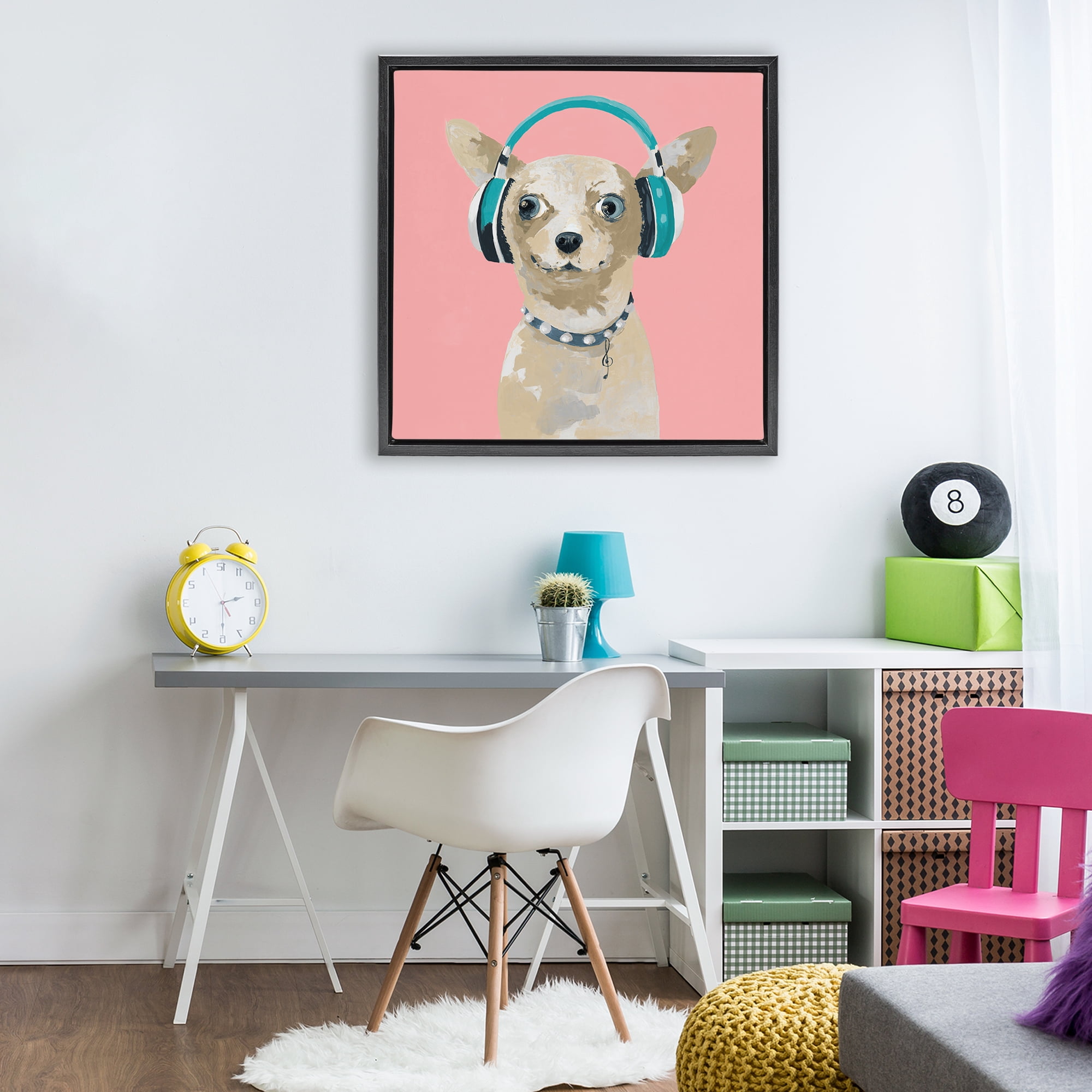 Stupell Industries Jammin' Pup on Pink Black Framed Floater Canvas Wall Art, design by Lorenzo Collective