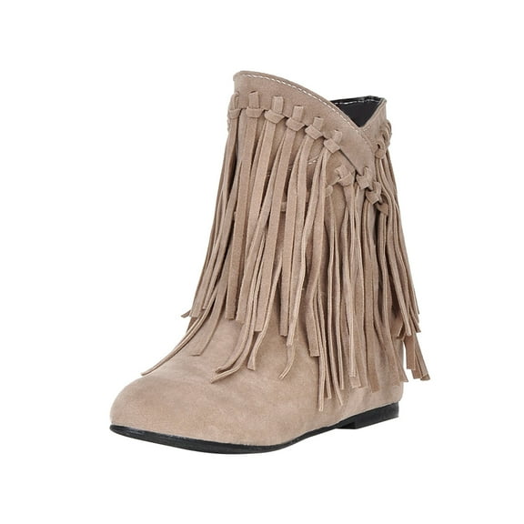 Fesfesfes Ankle Boots for Women Mid Heel Pointed Toe Slip-on Shoes Warm Boots Soild Tassel Retro Shoes Cowgirl 5.5(36)