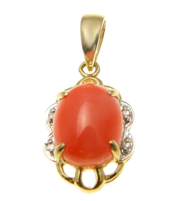 Geniune natural pink coral diamond pendant set in solid 14k yellow gold 10.65mm by
