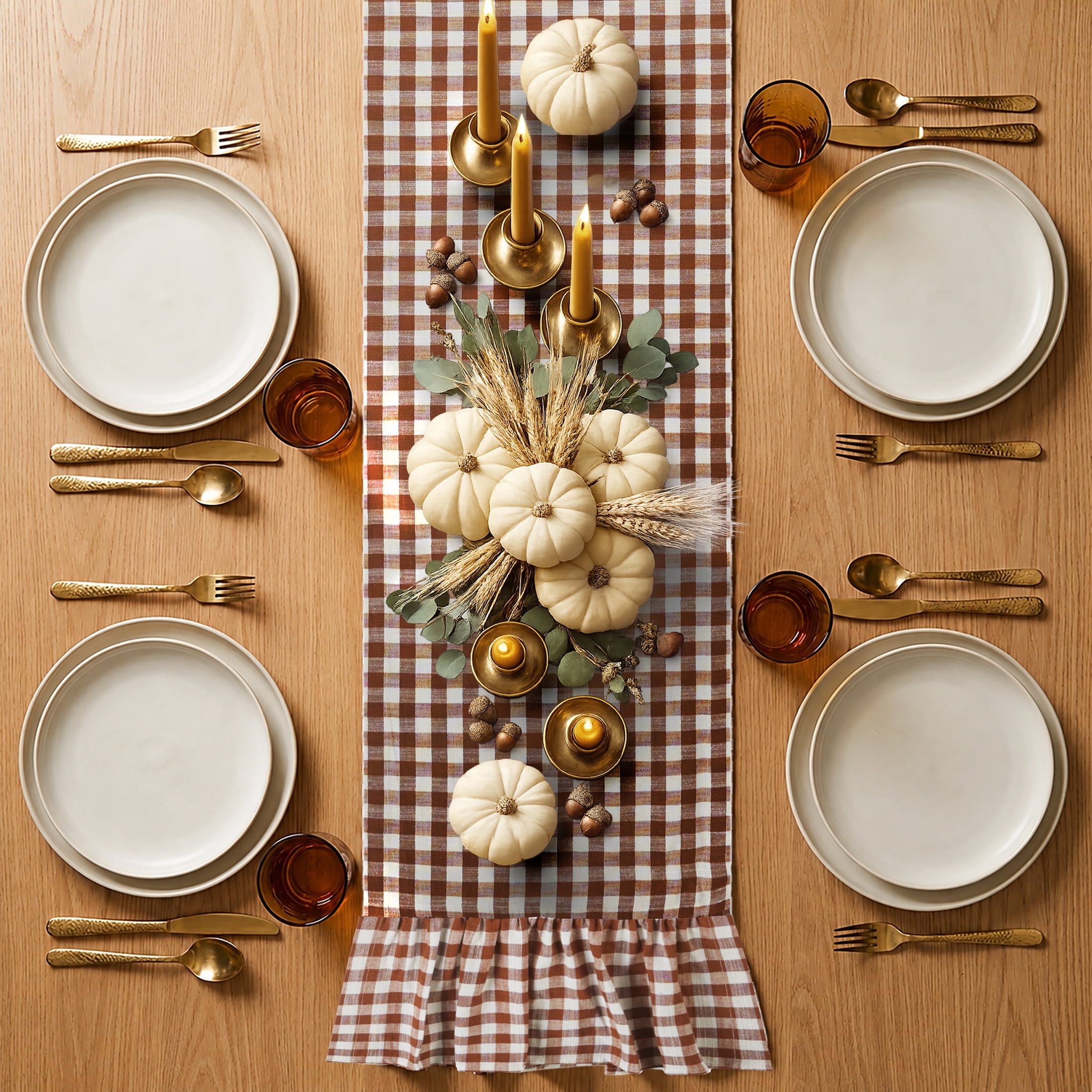 Harvest Gingham Ruffle 13" x 72" Table Runner - 100% Cotton, Rust Orange