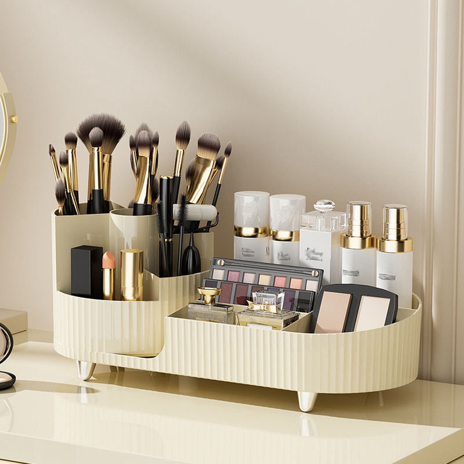 SYULCR Organisateur De Maquillage Rotatif Avec Couvercle, Porte-pinceaux Rotatif, Rangement Cosmétique Pour Maquillage, Rouge à Lèvres, Pinceaux Et Cosmétiques De Beauté (blanc