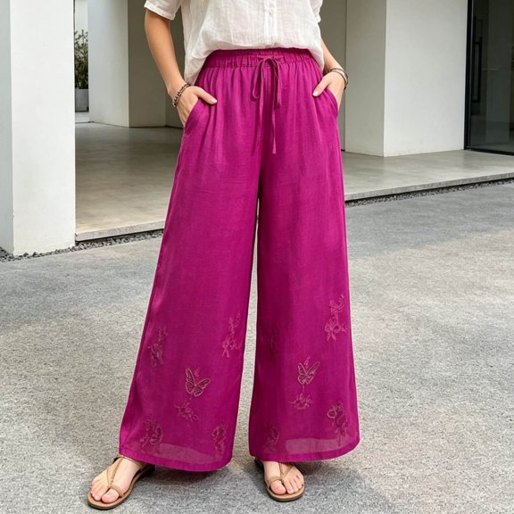 Wide Leg Pants For Women Solid Color Embroidery Pants Pocket Elastic Waist Cotton And Linen Plus Size Available Summer Flowy Pants M-4XL