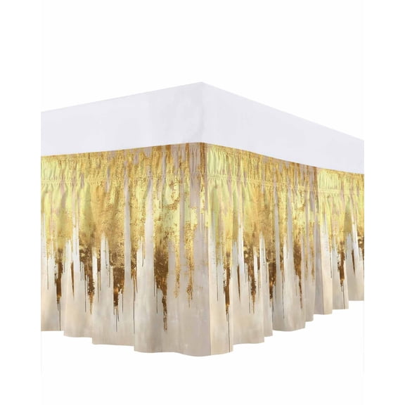 Abstract Gold Bed Skirt King Size, Modern Brush Luxury Strokes Artwork Wrap Around Bed Skirting with Adjustable Elastic Strap, Dust Ruffle Pleated Bedskirts 16 Inch Drop for Bedroom King Beds