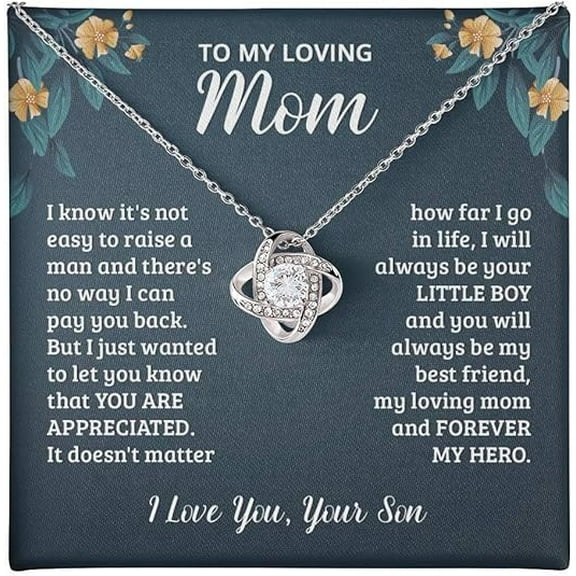 Necklace Gift for Mom from Son On Mother's Day, Love Knot Necklace for Mom with Heart Touching Message Card and Gift Box, Birthday Gift for Mother from Son