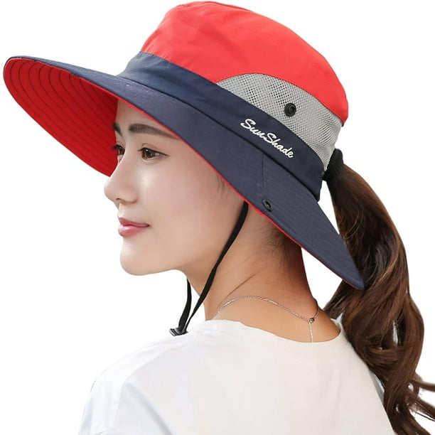 Women's Ponytail Sun Hat UV Protection Foldable Mesh Wide Brim