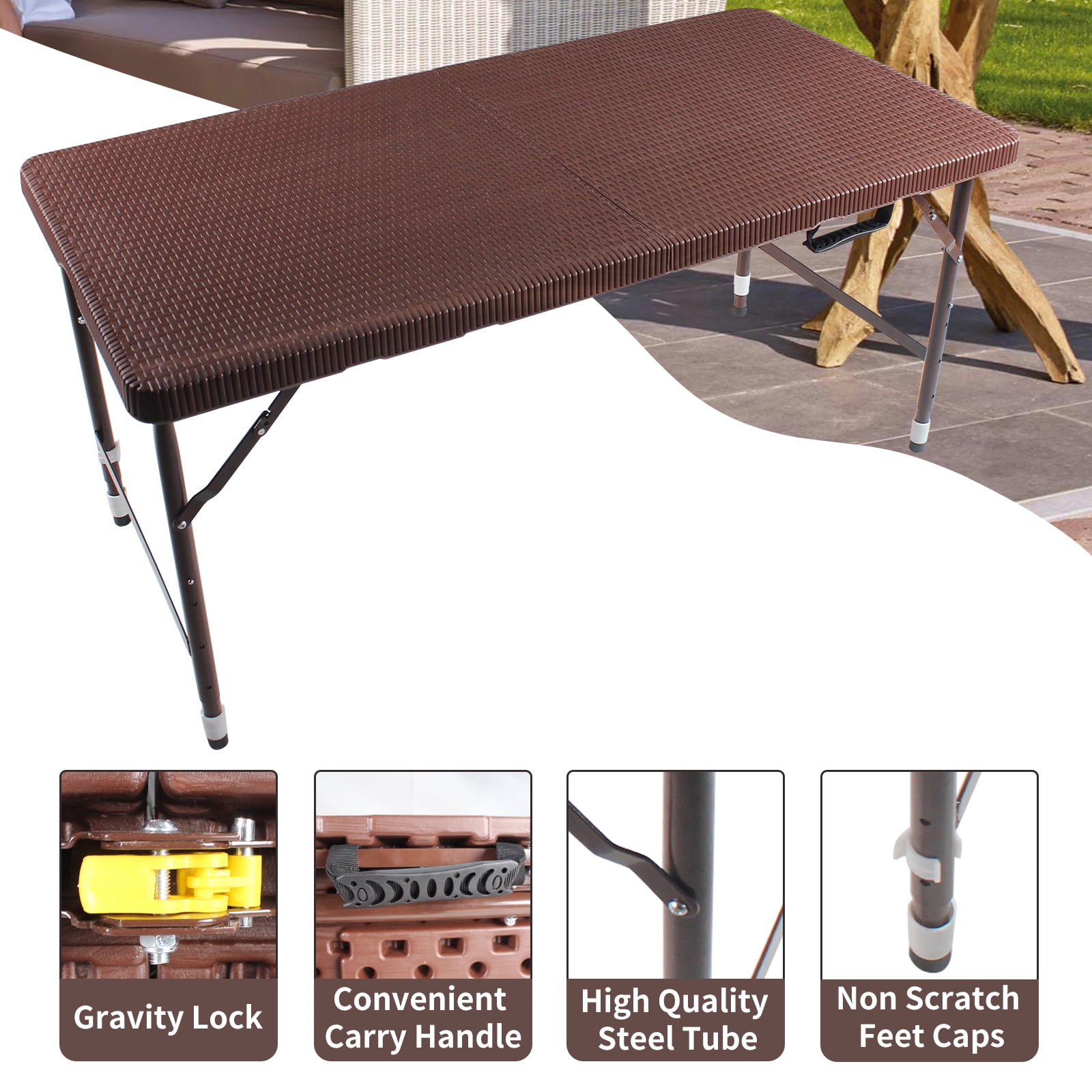 Hommoo 4FT Rattan Folding Table, Plastic Adjustable Portable Foldable Table, Camping Table for Indoor& Outdoor, Brown