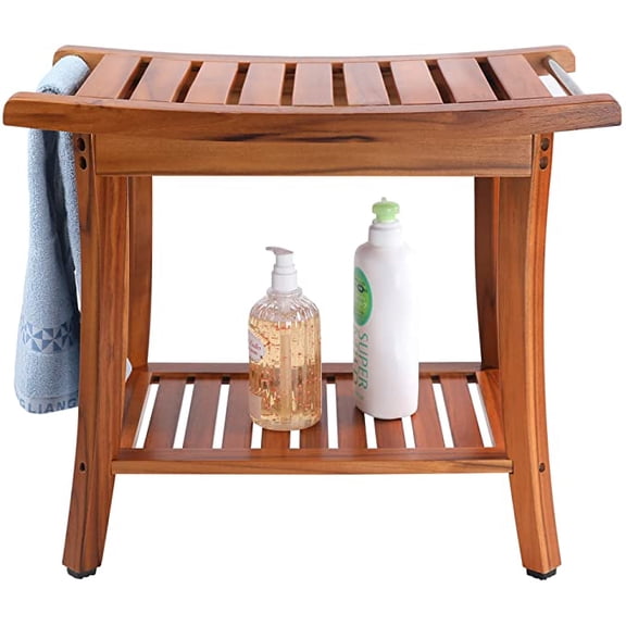 Utoplike Teak Shower Bench Seat with Handles, Portable Wooden Spa Bathing Stool with Storage Towel Shelf, 22" x 13" x 18.6",Waterproof,Perfect for Indoor and Outdoor Use