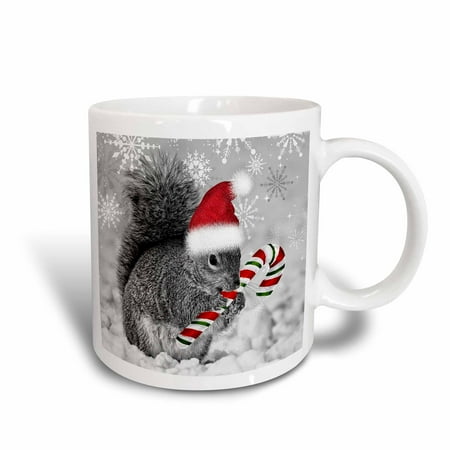 Christmas Candy Cane Mug - 3dRose This cute Christmas squirrel has a candy cane and a Santa hat in the snow covered winter landscape. , Ceramic Mug, 15-ounce