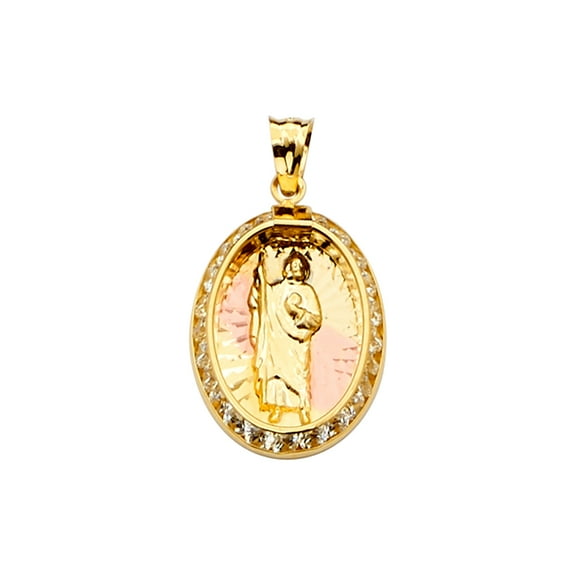 14K 3C Gold Cubic Zirconia San Judas Medal Pendant | Tri Color Gold Charm Pendant for Necklace Chain | Gift for Men Women | 25 x 14 MM | 1.2 grams