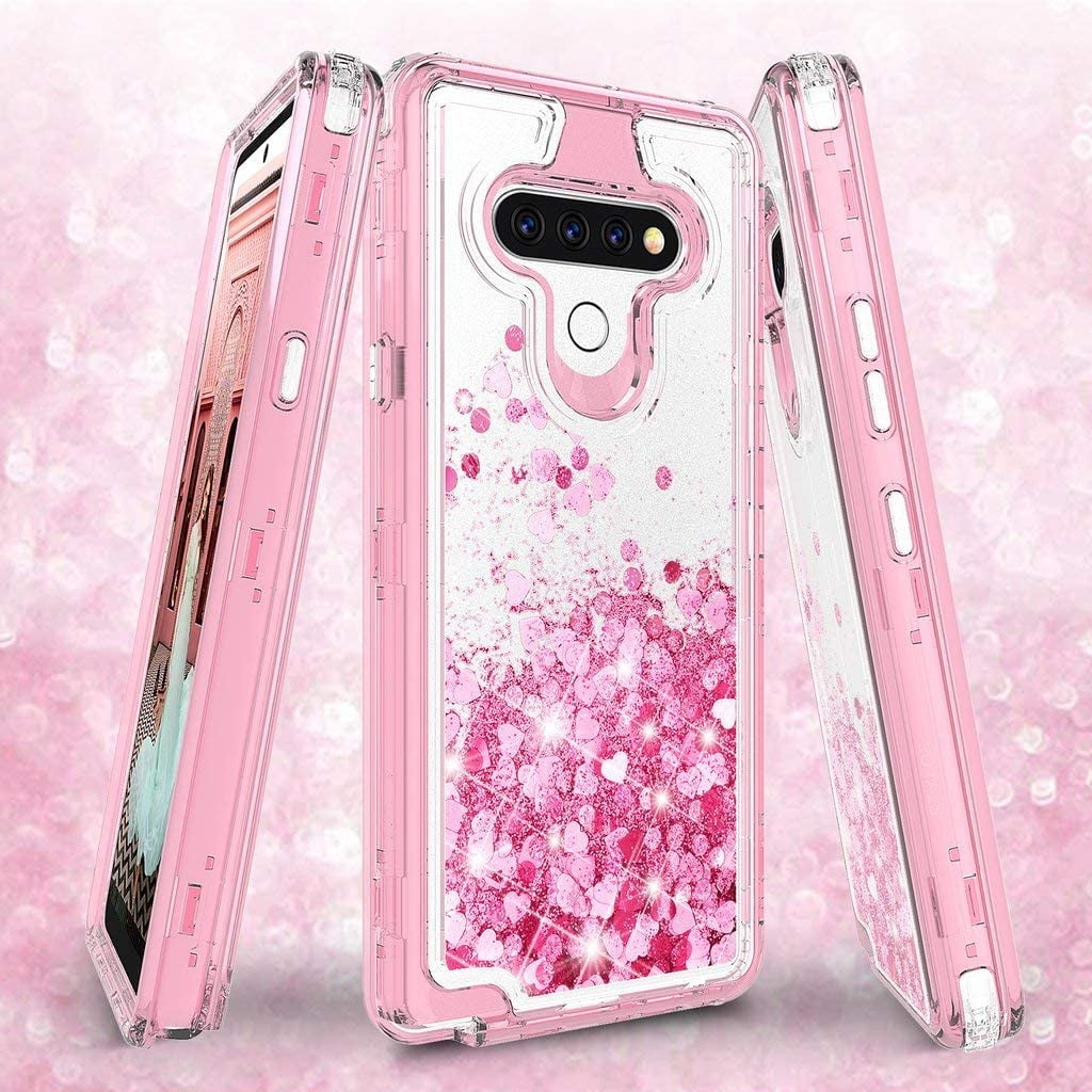 Noir Case for LG K51/LG Reflect/L555DL/Q51 Hard Clear Glitter Liquid Waterfall Heavy Duty Girls Women - Pink
