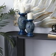 thumbnail image 3 of DecMode Eclectic Ceramic Pillar Candle Holder with Medallion Patterns and Glossy Blue Finish, Set of 2 13", 10" H, 3 of 8