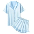 thumbnail image 6 of BLVB Girls Pajamas Satin Pajama Set Silk Pjs Short Sleeve Button down Shirts Summer Ruffle Sleepwear for Big Kids 5-15Y, 6 of 6