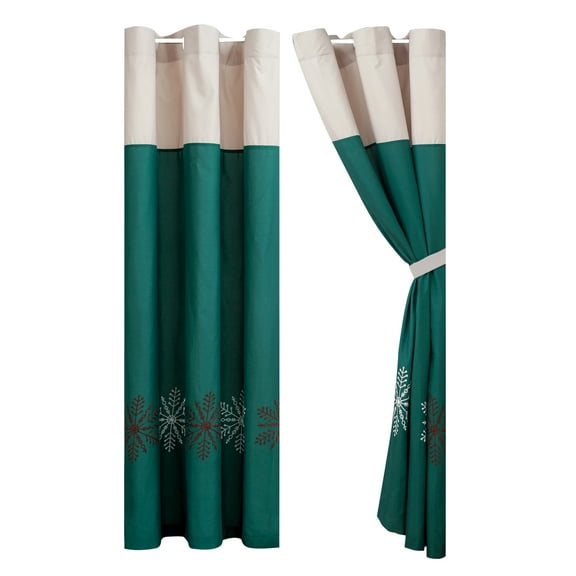 4-Pc Winter Wonderland Snowflake Embroidery Curtain Set Teal Green Beige Brown Grommet Drape Sheer Liner