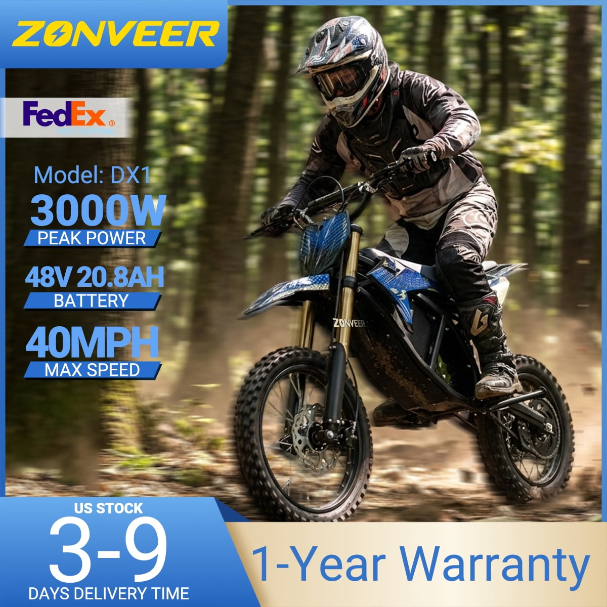 Zonveer DX1 Electric Dirt Bike for Adults Teens,3000W Peak Power,48V 20.8Ah Battery,40MPH Motorized Electric Mountain Bikes,14"/12" off-Road Tire E-Bike,Hydraulic Front Fork,UL2849