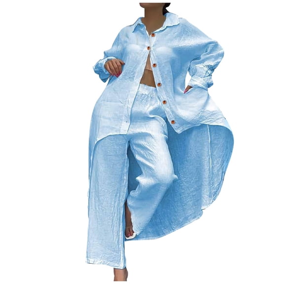 Women's Summer Casual Trousers Suit Set Fashionable Long Sleeved Top with Irregular Hem Stylish Comfortable Outfit for Daily Wear