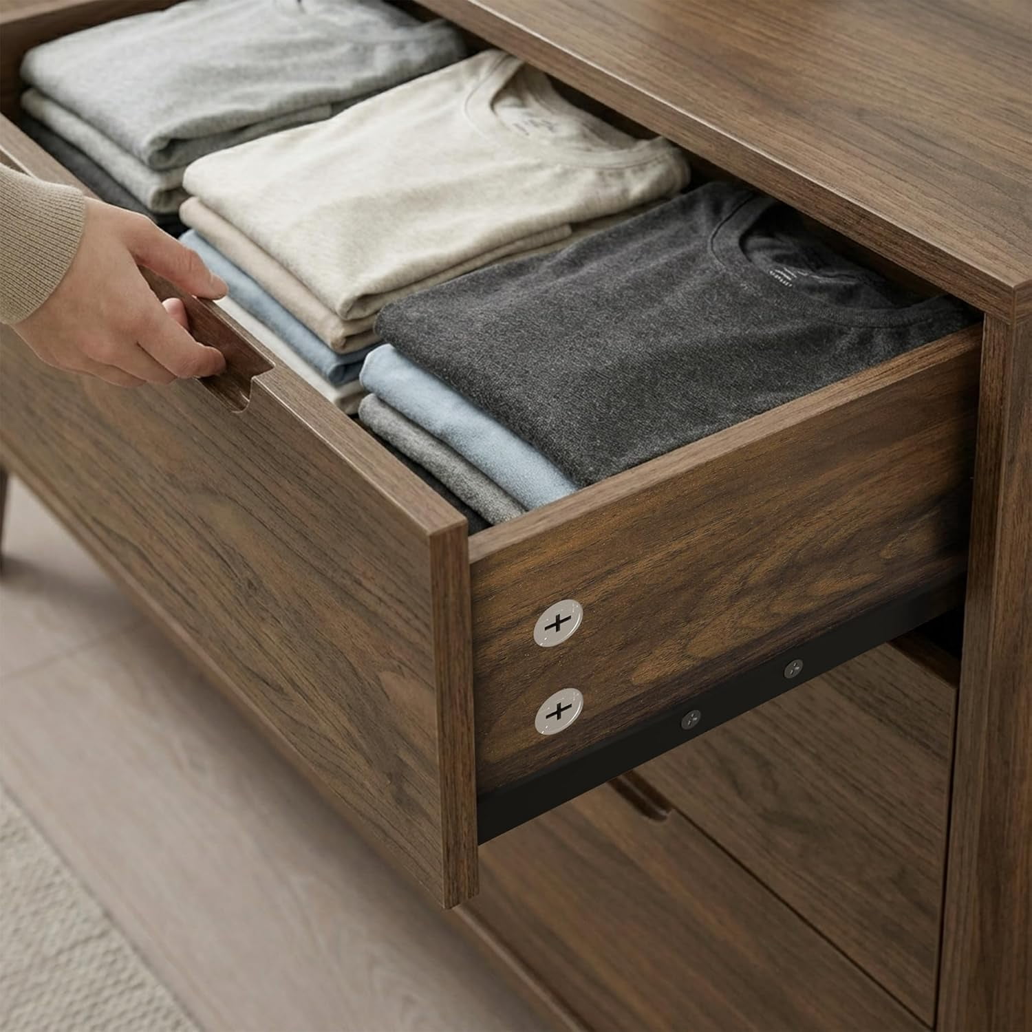 47" Wide Wooden Dresser for Bedroom, Mid-Century Modern 6 Drawer Double Dresser with Natural Wood Grain, Large Horizontal Storage Chest for Living Room, Anti-Tip Kit, Dark Walnut