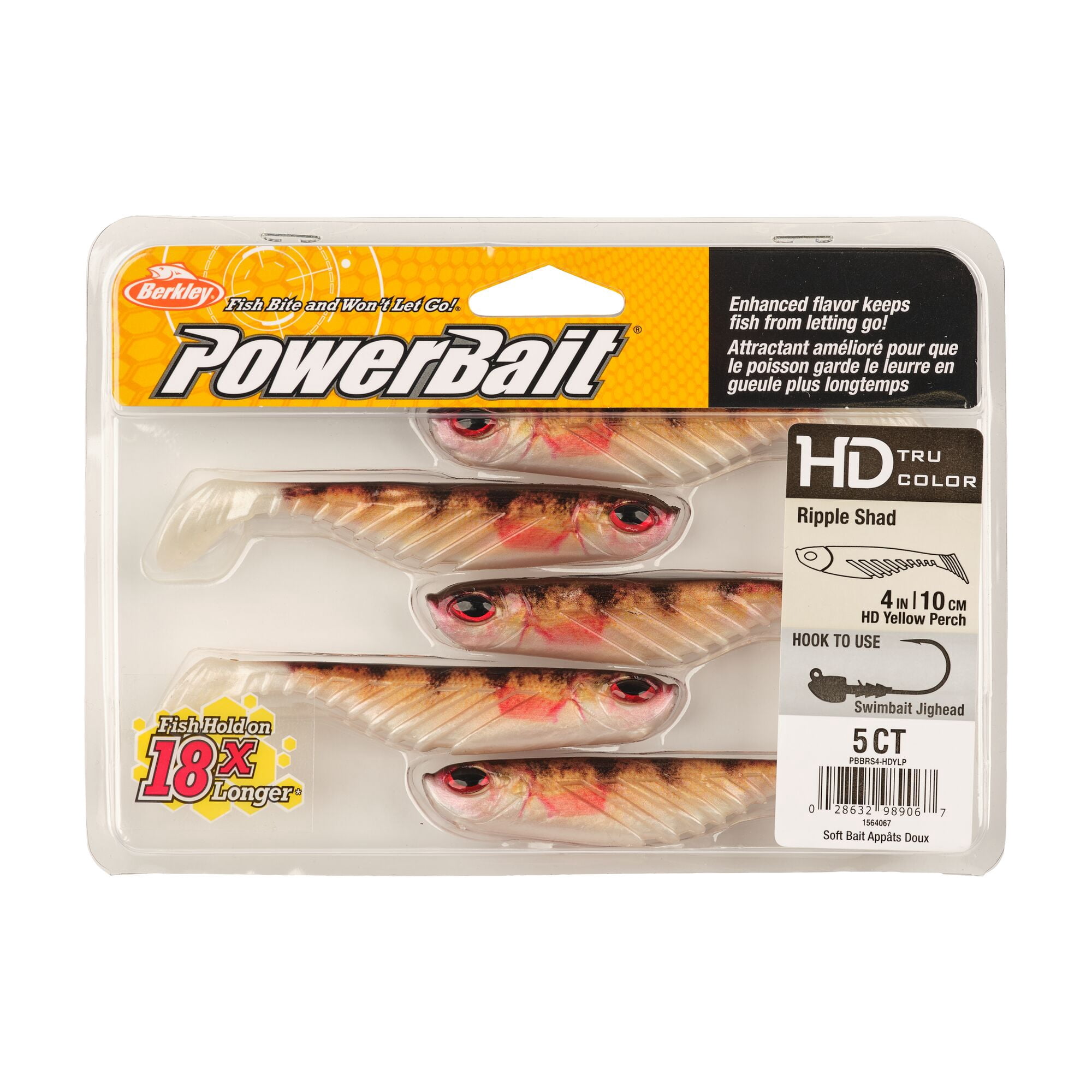 Berkley PowerBait® Ripple Shad, 4 in, Swimbaits, HD Yellow Perch (5 Count)