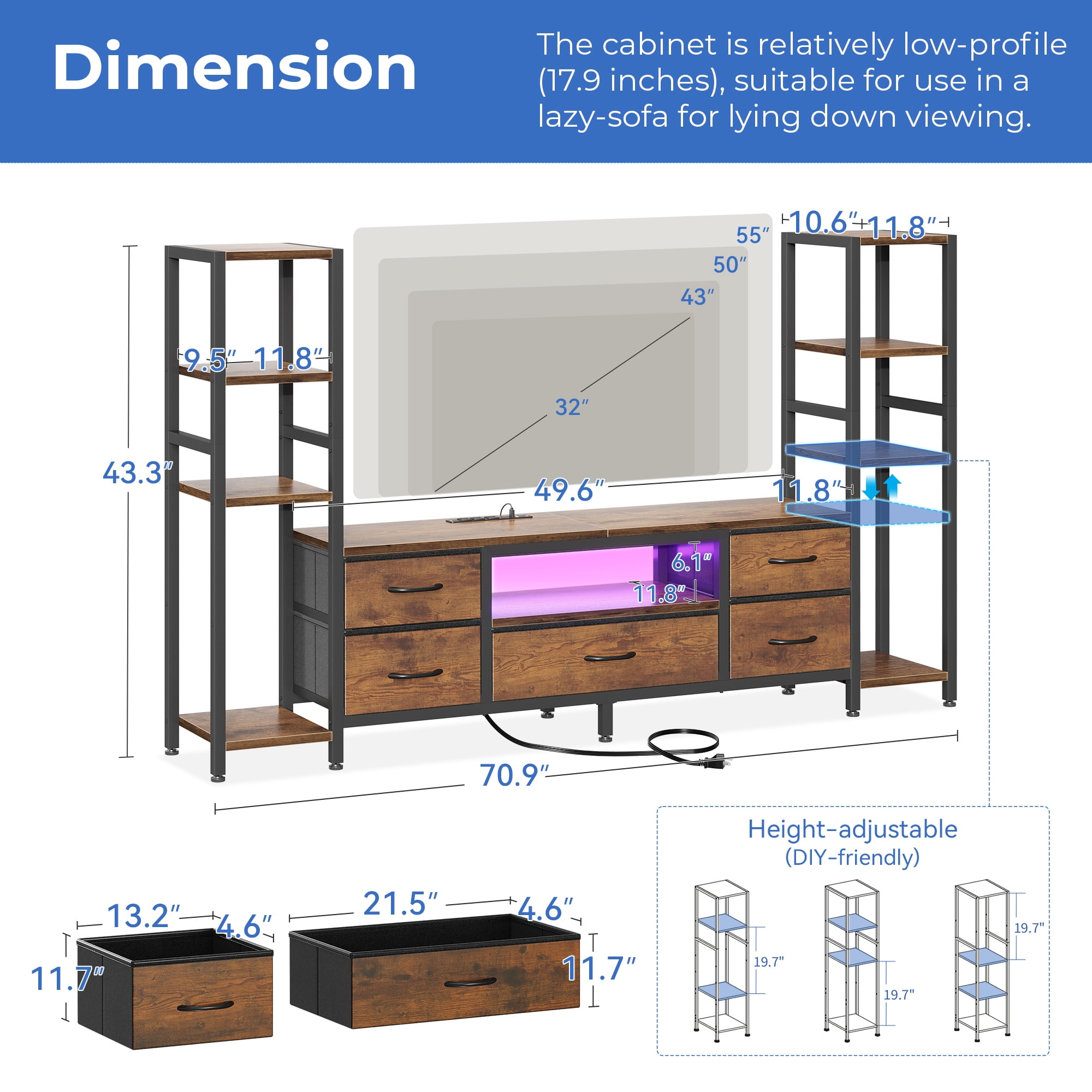 Casacomoda TV Stand for 40–50 Inch TV, Low-Profile Entertainment Center for Small Spaces with LED Lights & Power Outlets, Storage TV Stand with Drawers & Shelves, Vintage