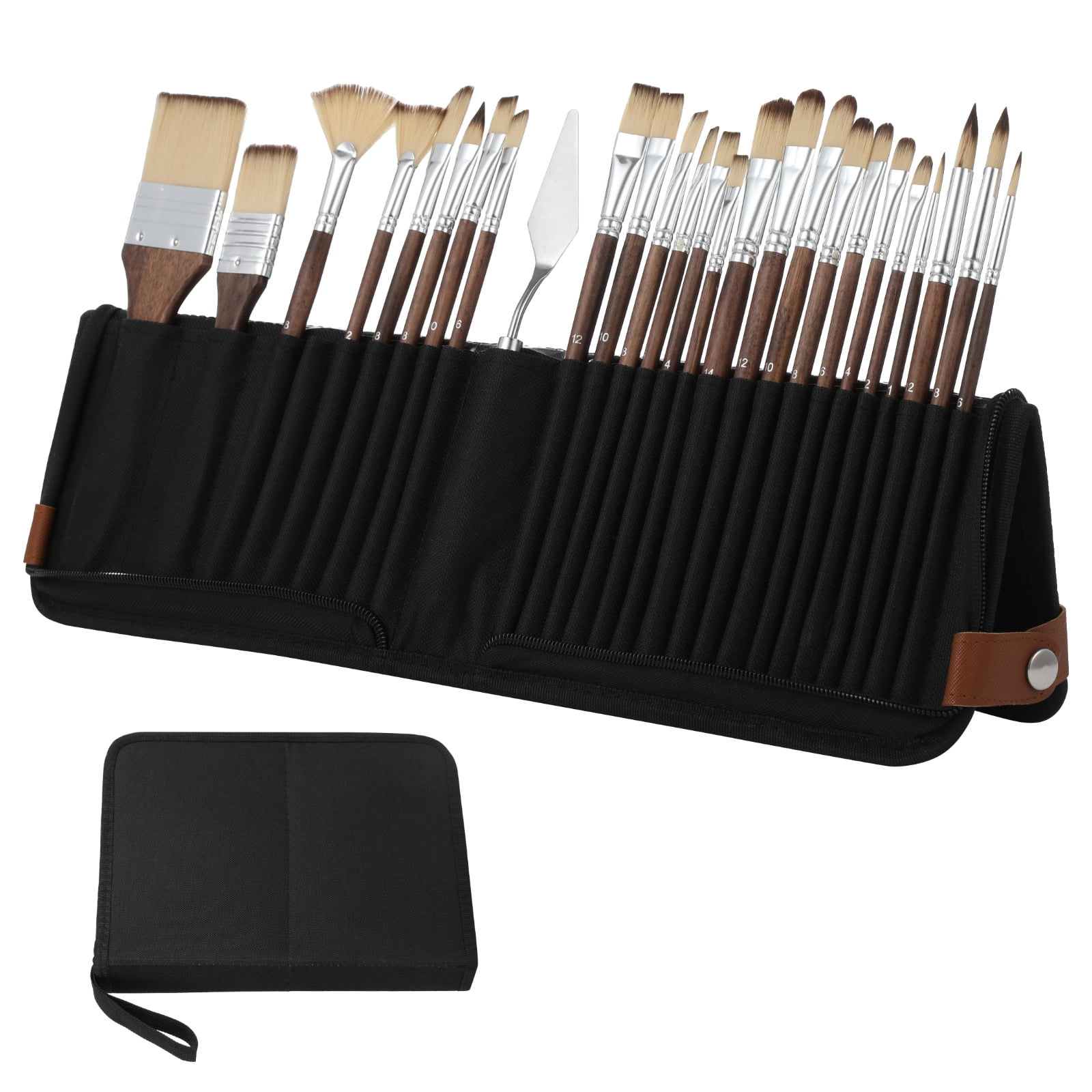 26 Pcs Paint Brush Set with Textile Case, Portable Vertical Stand Painting Tool Kit, Nylon Hair Paintbrushes Set with Metal Pigment Scraper for Acrylics, Watercolors, Oils