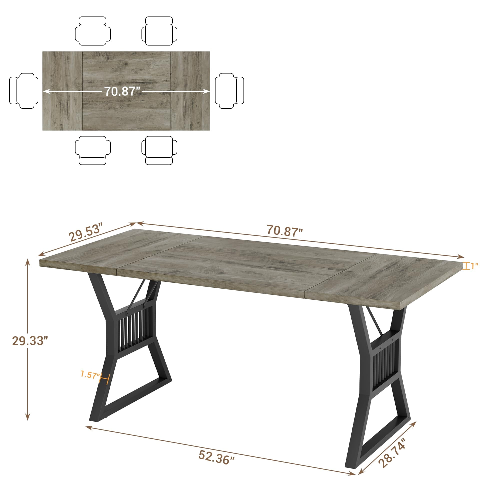 Dining Table 4-6 Person 70.8 Inch, Farmhouse Kitchen Table with Heavy Duty Metal Legs, Wooden Long Dining Room for Kitchen, Living Room
