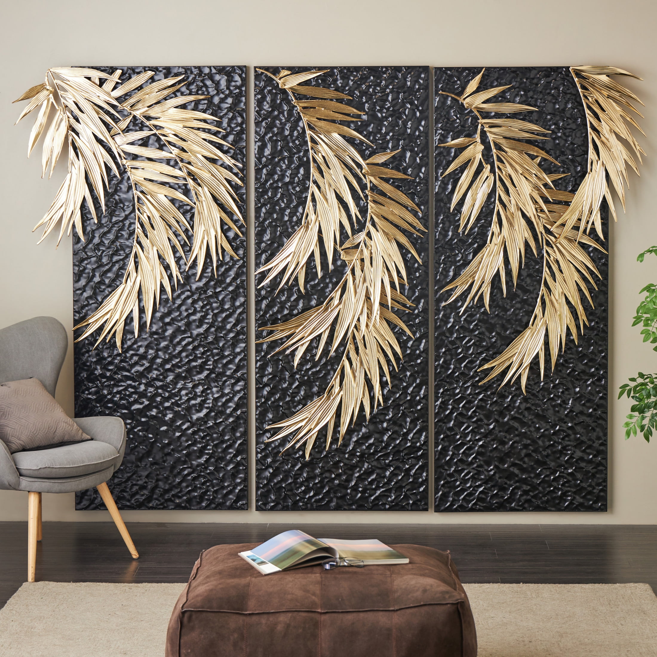 DecMode Black Metal Abstract Wall Decor with Gold Accents (3 Count)