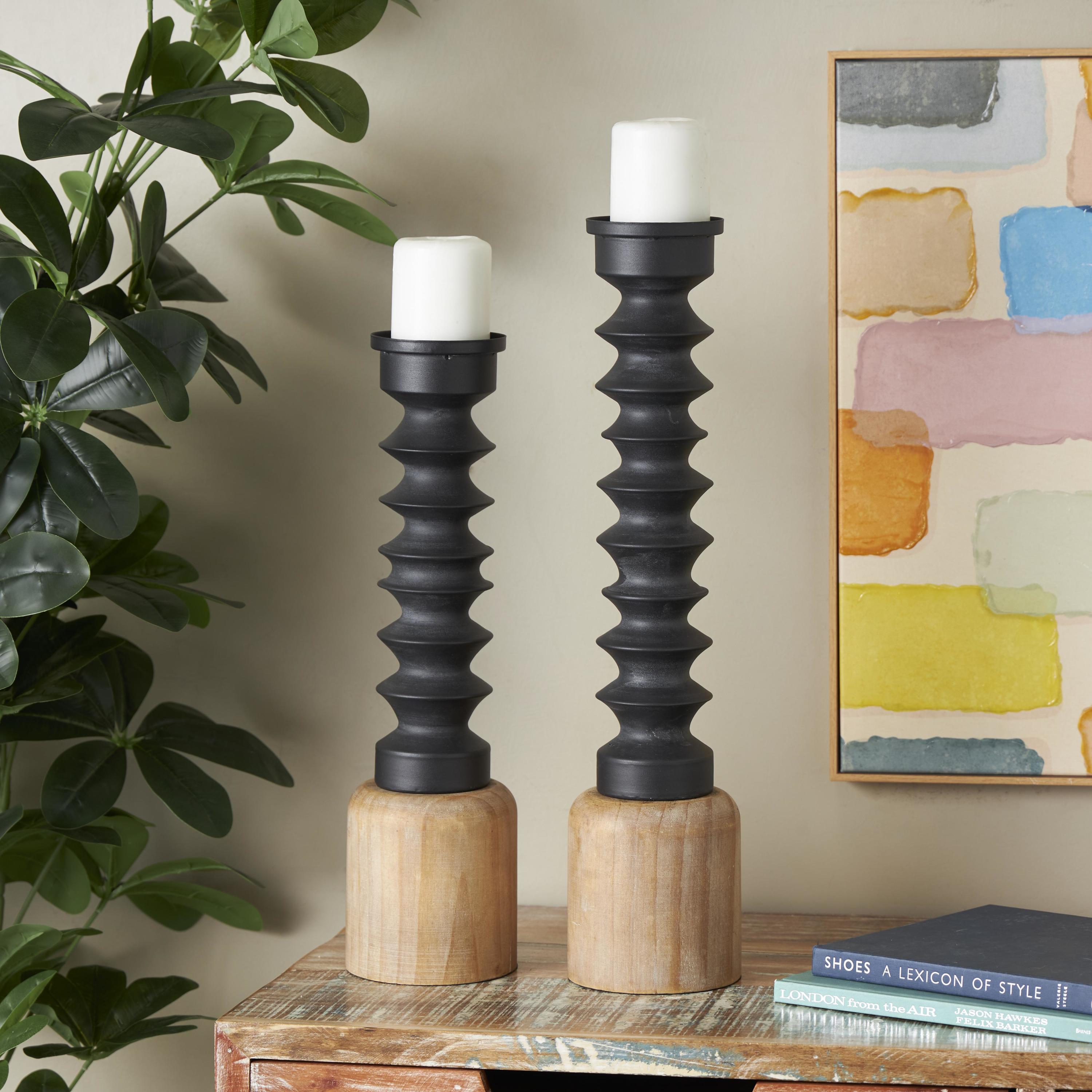 DecMode 2 Candle Black Metal Turned Style Candle Holder with Brown Wood Bases, Set of 2