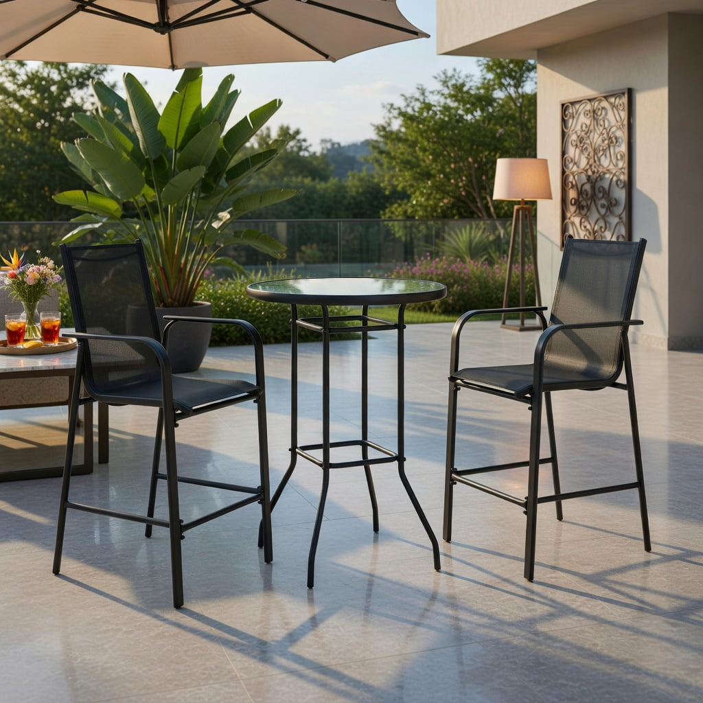 Hommoo 3-Piece Outdoor Patio Bar Set, Steel Frame with Tempered Glass Table & Fabric Stools for Backyard, Poolside & Garden, Black