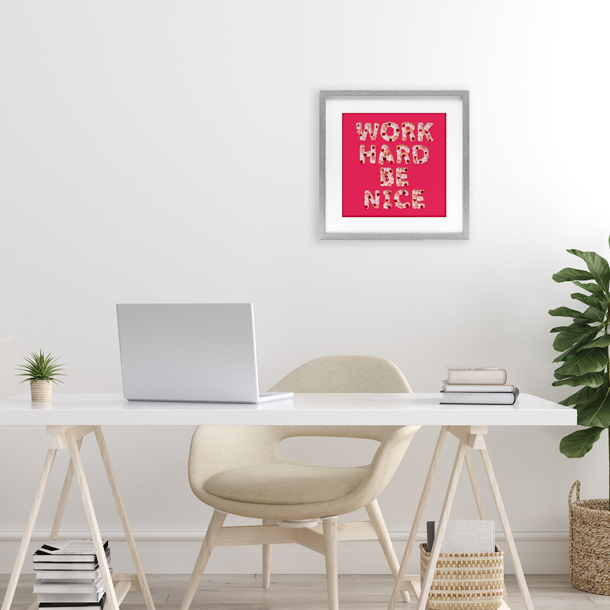 Work Hard Be Nice Gray Framed Print Under Glass, design by LISH Creative