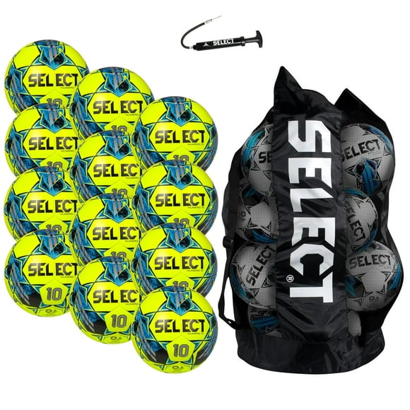 Select Numero 10 Ballon de Football, Pack d'Équipe de 12 Balles avec Sac de Ballon de Sport et Pompe à Main, Jaune / Bleu V22, Taille 5