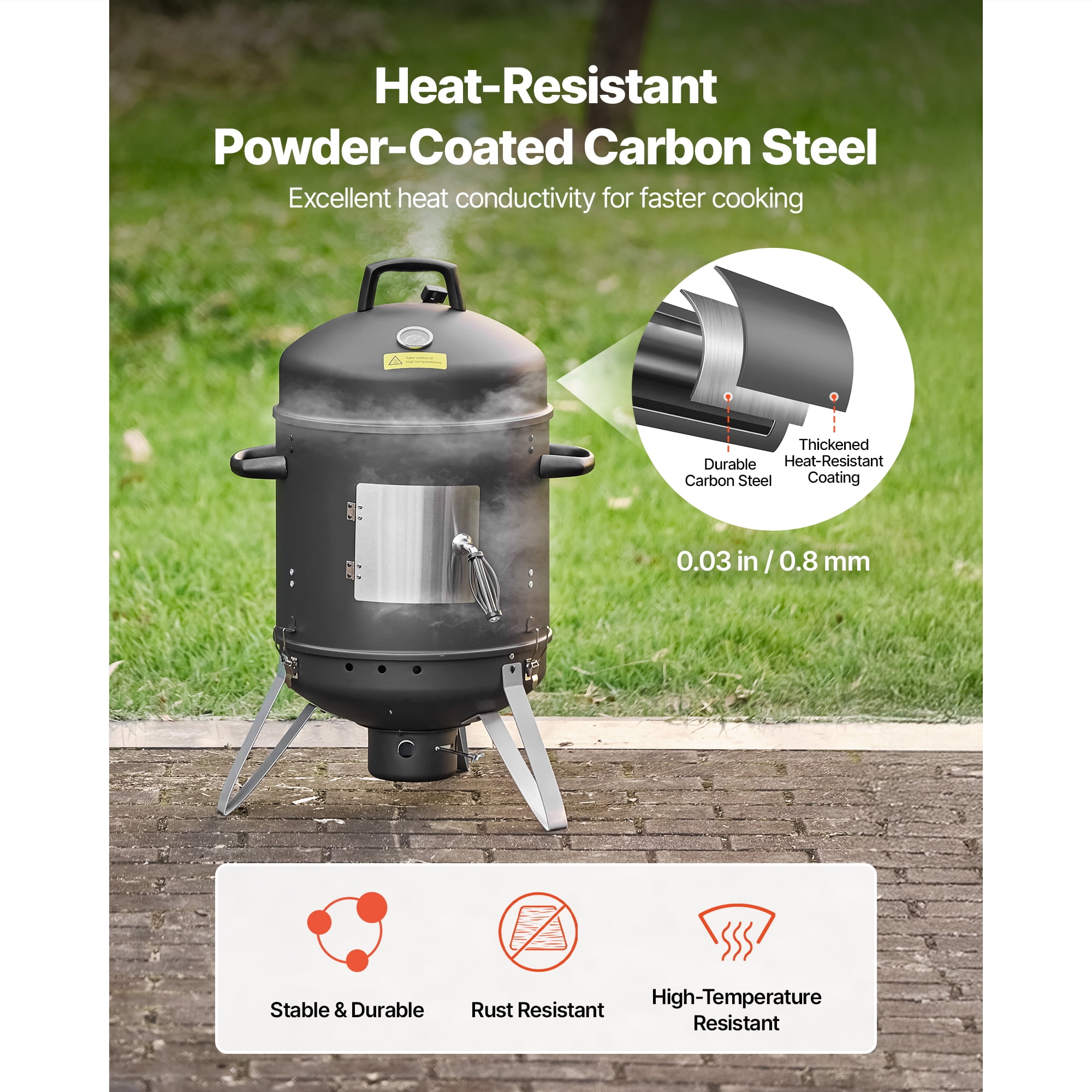 KFFKFF 16" Vertical Charcoal BBQ Grill, Coated Steel Smoker with Dual Grates, Built-in Thermometer, Adjustable Air Vents, and Removable Ash Tray, Perfect for Outdoor Cooking and Gatherings