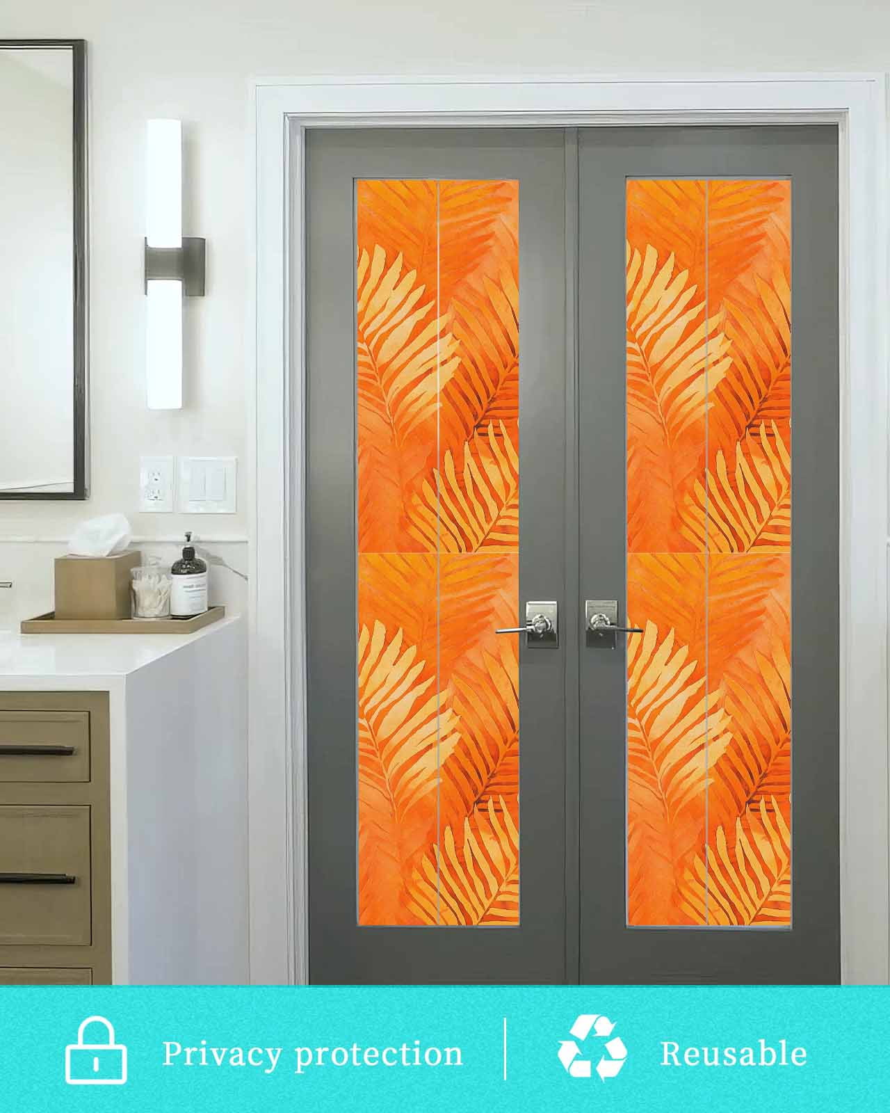 Window Privacy Film Orange Leaf Stained Glass Window Film Decorative Sun Block Window Cover Tropical Botanical Palm Leaf Modernism Window Clings Static Adhesive Sticker for Bathroom 29.5"x118"