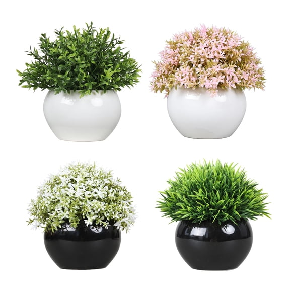 Ensemble de 4 Plantes en Pot Artificielles – Faux Feuillage Réaliste dans des Pots en Céramique Sphériques Blancs – Déco Intérieure Facile d'Entretien pour la Maison, le Bureau, la Chambre, la Cuisine – Arrangements Décoratifs Modernes – Modèle TZ050