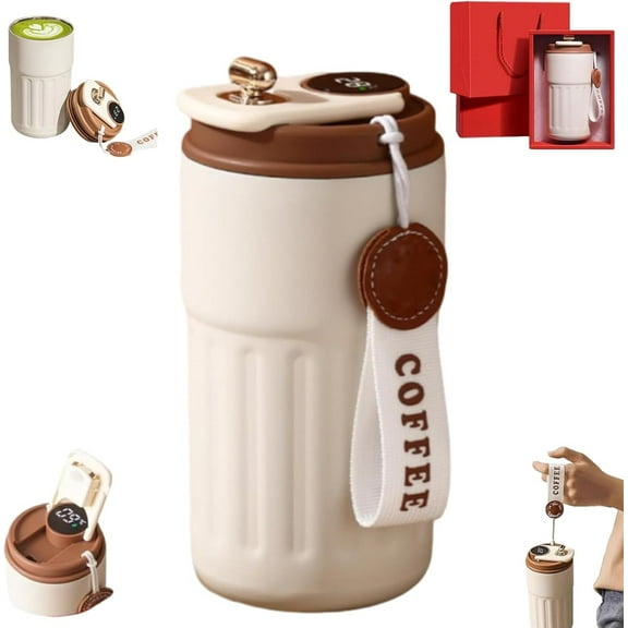 Intelligent Temperature Display Thermal Mug, 316 Stainless Steel Travel Mug with Temperature Display, 450ml Portable Insulated Tumbler,Car-Mounted Design, for Hot Cold Beverages ( Brown 1PCS)