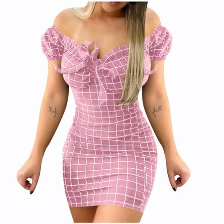 Efsteb Bodycon Dresses for Women Plaid Print Dress Elegant One Shoulder Dresses Short Sleeve Dress Trendy Formal Stretch Slim Bag Hip Cocktail Party Short Mini Dress Clearance Pink M