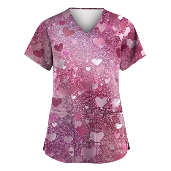 Valentine Day Scrub Tops for Women Love Heart Print V Neck Cute Nursing Workwear Quick Dry Short Sleeve Medical Scrub Tops with Pockets