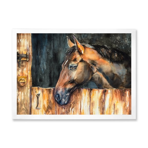 Designart 'Close Up Of The Head of A Horse In Stable' Farmhouse Framed Art Print