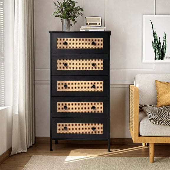 Pellebant 5 Drawer Rattan Dresser, Tall Wooden Chest of Drawers Storage Cabinet with Wide Top & Handles for Bedroom, Living Room, or Entryway, Black