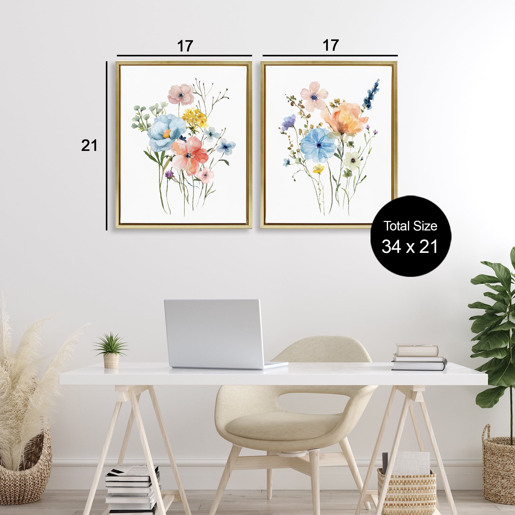 Stupell Industries Wildflower Sprig Bundles 2 Piece Gold Framed Floater Canvas Set, design by Livi Finn