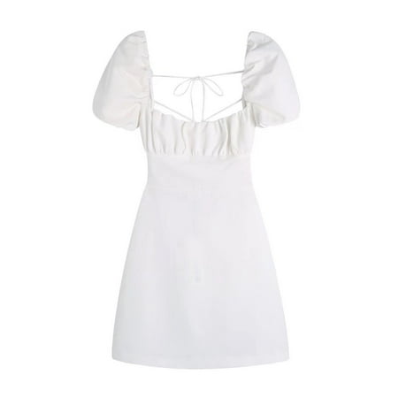 ameIAEA Womens Short Sleeve Summer Babydoll Dress Square Neck Lace-Up Ruffle Casual A Line Dress