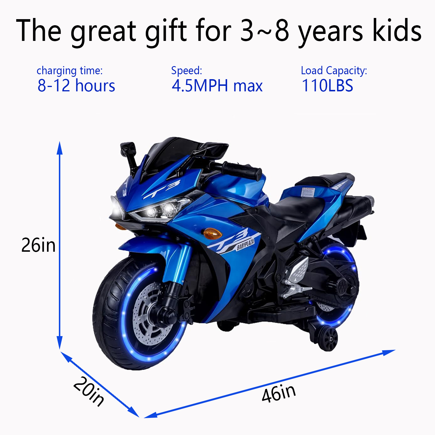 HNH 12V Toddler Ride on Motorcycle with Training Wheels, Battery Powered Electric Motorcycle with Music, Bluetooth, Lights, Blue