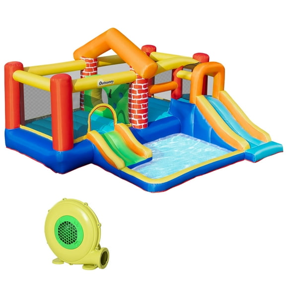 Outsunny 12.5 x 12FT Large Kids Bounce House, Castle-Themed with 2 Slides, Trampoline, Inflatable Pool, Climbing Wall, Carry Bag, 450W Air Blower